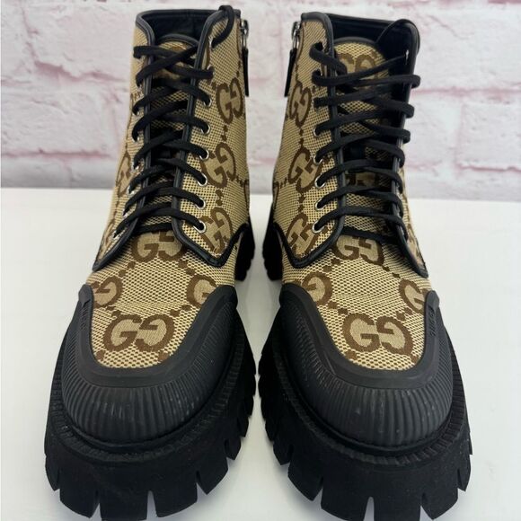 Gucci GG Canvas Printed Lace Up Combat Boots 8.5 main image 9